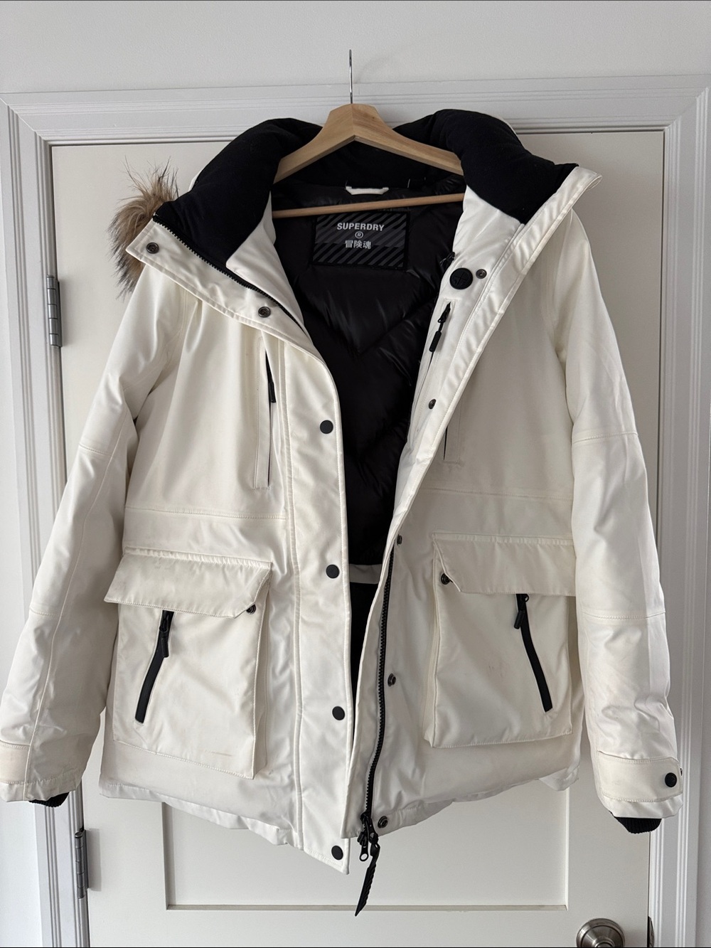 Superdry White Women’s Puffer Parka with Fur-Trim Hood